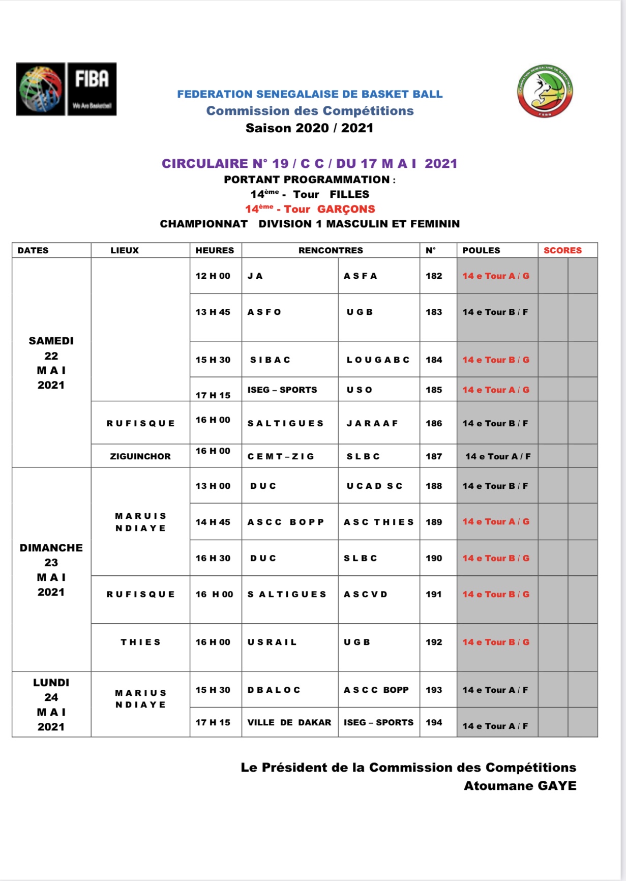 Championnat Place à la 14ème et dernière journée des phases de poules Basket 221